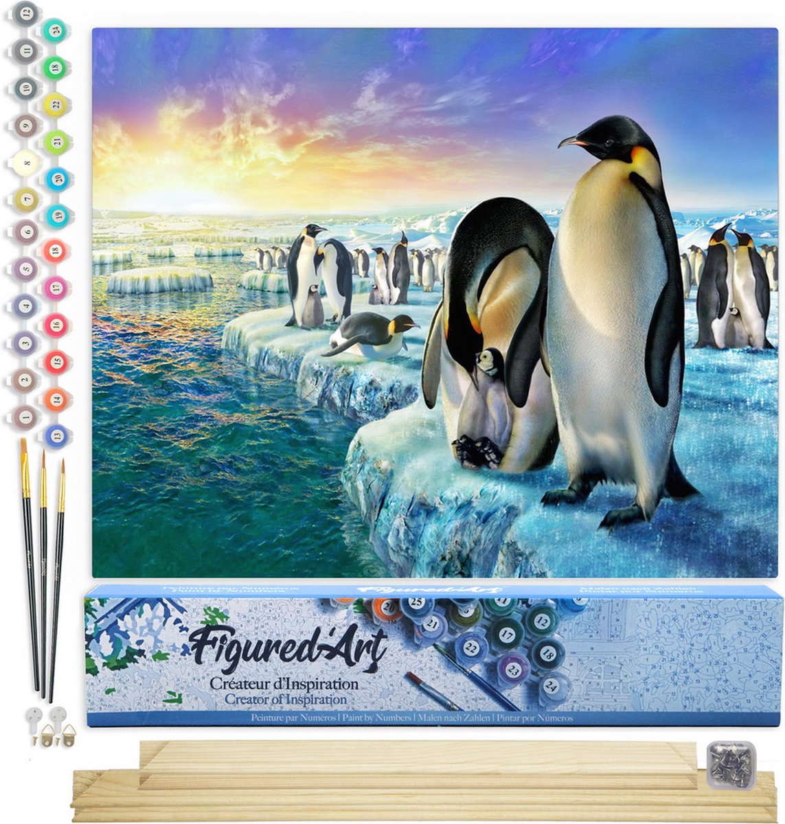 FiguredArt Schilderen op Nummer Volwassenen canvas Pinguïns op het ijs - Handwerk acrylverf Kit DIY Compleet - 40x50cm met DIY houten lijst